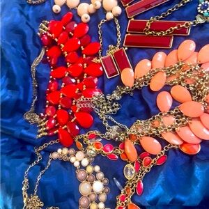 Classic vintage plastic beaded Necklaces, lot of eight, Bohemian red and pink